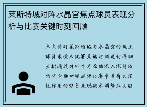 莱斯特城对阵水晶宫焦点球员表现分析与比赛关键时刻回顾